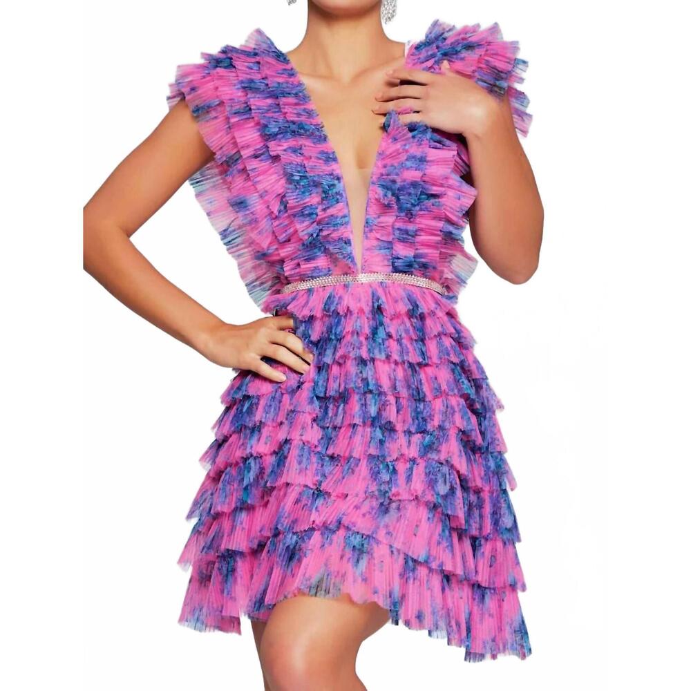 NEW JOVANI v neckline short dress in fuschia